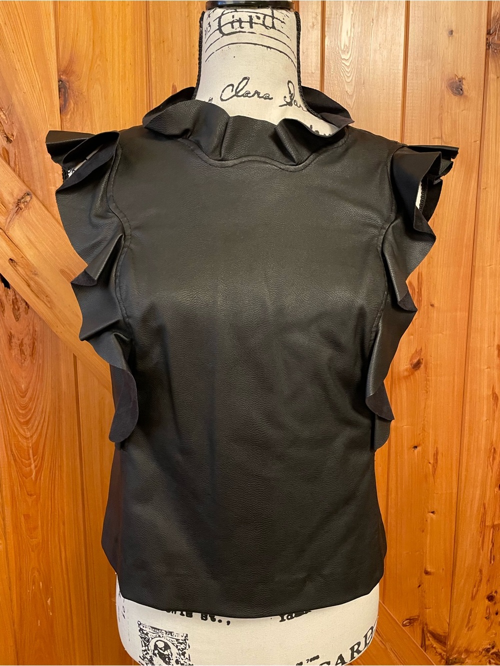 Rebecca Taylor pleather Black Ruffle Sleeve Women's Top